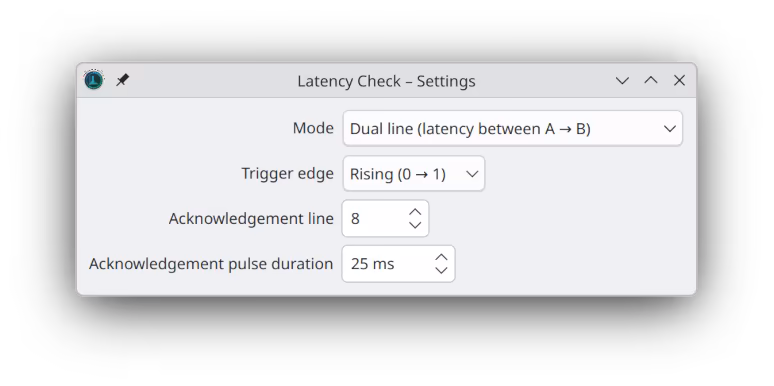 Latency Check module settings dialog window.