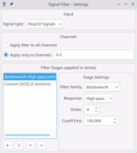 The Signal Filter module settings dialog