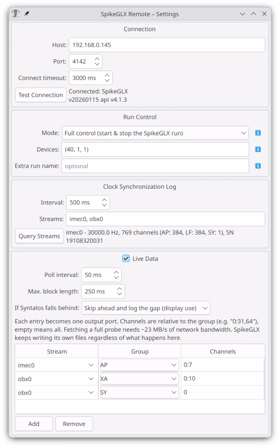 The SpikeGLX Remote module settings dialog